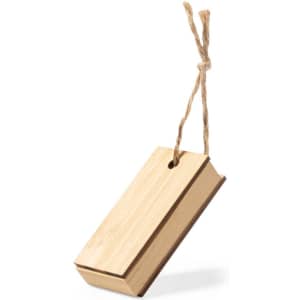 A wooden notepad with a twine loop, featuring a natural finish and a simple design.