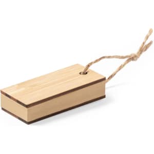 A wooden notepad made of light and dark wood, featuring a natural twine for easy carrying.
