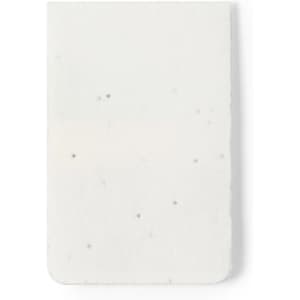 A sticky notepad featuring a white surface with speckles, rectangular shape, and rounded corners.