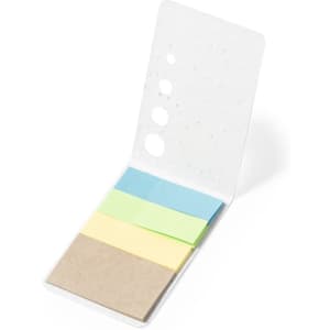 A sticky notepad with light blue, green, yellow, and brown notes in a white holder, featuring a logo.