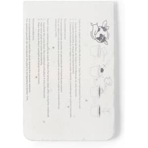 A sticky notepad featuring a light colour and a branding logo. Contains instructions illustrated with simple graphics.