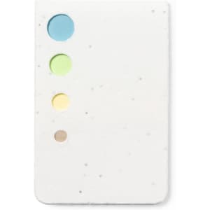 A sticky notepad featuring a white background with multicoloured circular sticky notes in blue, green, yellow, and brown.