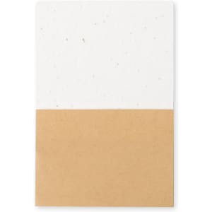 A sticky notepad featuring a white top section and a kraft paper bottom section, with a simple design and branding.