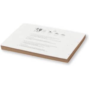 A white sticky notepad with a cardboard backing, features illustrated instructions and a logo.