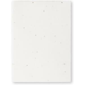 A sticky notepad in white with subtle speckles, featuring a branding logo in one corner.