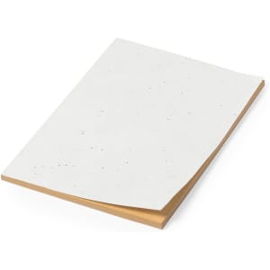 A notepad with a white speckled cover and a brown paper backing, featuring an embossed logo.