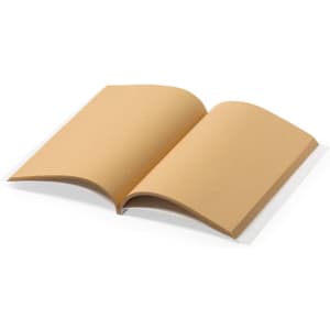 A notepad with a tan cover, featuring blank pages and a simple, curved design. It includes a logo on the cover.