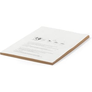 A notepad with a white cover and brown base, featuring illustrations and a logo.