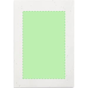 A notepad featuring a green-coloured blank page and a speckled white border, with a logo in the corner.
