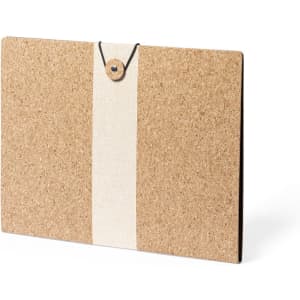 A cork folder with a beige fabric accent and a button closure. It features a logo on the front.