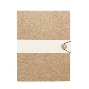 A tan folder with a textured, cork-like finish and a white fabric band featuring a button closure.