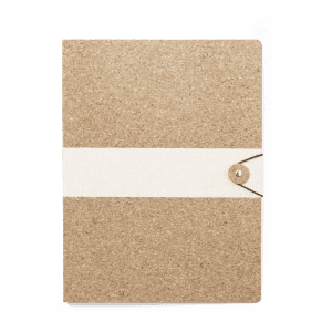 A natural brown folder with a textured finish and a white elastic band closure featuring a button.