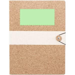 A folder featuring a natural cork texture with a white band and a green window, and a button closure.