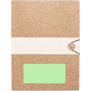 A cork folder with a white band, featuring a green label area and a fastening button. It has a minimalistic design.