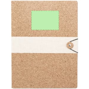 A cork folder featuring a green window and a beige band, secured with a button and string detail.