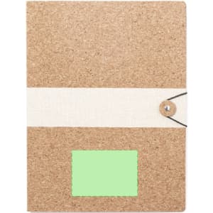 A cork-textured folder with a cream band and button closure, featuring a green label area.