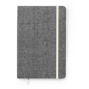 A grey notepad with a textured cover and a contrasting white elastic band. It has a logo on the front.