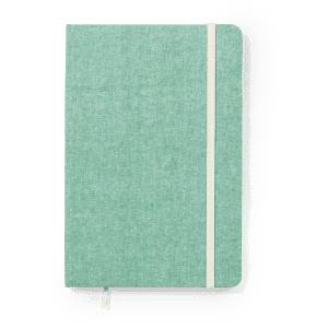 A mint green notepad with a textured cover and a white elastic band closure. Features a logo on the front.