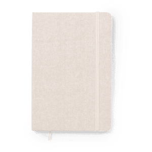A light beige notepad with a textured cover, featuring an elastic band closure and a ribbon bookmark. It has a logo on the cover.