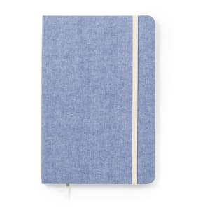 A blue notepad with a textured cover and an elastic band closure. Features an attached ribbon bookmark.