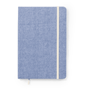 A blue notepad with a textured cover and a white elastic band, featuring a logo.