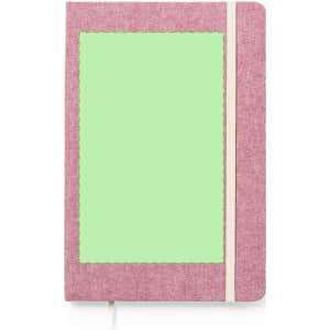 A pink notepad with a green textured area and a white elastic band. It has a simple design and a logo on the cover.