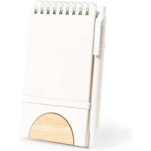 A white spiral-bound notebook with a bamboo base and a pen holder, featuring a minimalist design.