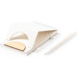 A white notebook with a unique design, accompanied by a white pen, featuring a wood accent.