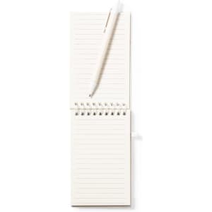 A spiral-bound notebook in off-white with lined pages, accompanied by a matching pen. Features a logo.