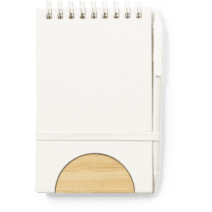 A cream notebook with a spiral binding and a wooden cover design, secured with an elastic band.