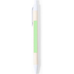 A pen with a wooden centre and white accents, featuring a green rectangular area for branding or personalisation.