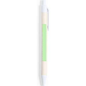 A green and white pen with a smooth finish, featuring a blank section for custom branding.
