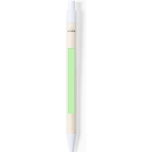A white pen with a wooden barrel and a green accent area. It features a branding logo on the barrel.