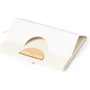 A white notebook with a wooden holder, featuring a minimalist design and a curved cutout on the cover.