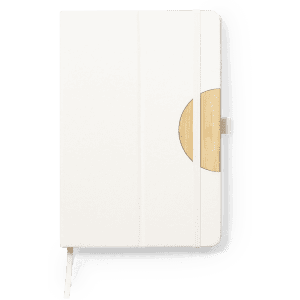 A white notebook with a bamboo accent, featuring an elastic band closure and a logo on the cover.