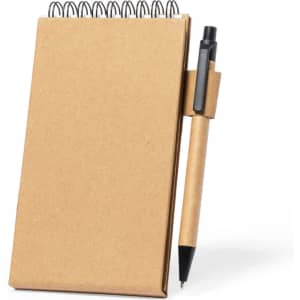 A brown sticky notepad with a spiral binding, accompanied by a black pen secured to the side.