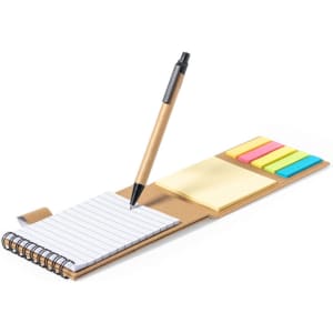 A sticky notepad holder with a spiral notebook, a pen, and colourful sticky notes in pink, yellow, and green.