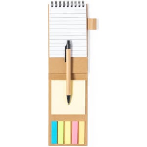 A notepad holder featuring a notepad, sticky notes in pastel colours, and a pen, all on a brown base.