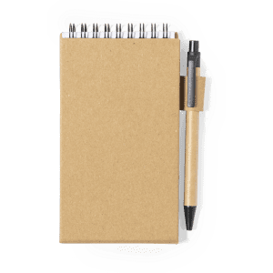 A brown notepad with a spiral binding and an accompanying black pen. It has a simple, minimalistic design.