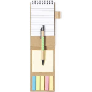A notepad with a spiral binding, sticky notes in various colours, and a pen, all in a brown cardboard holder.