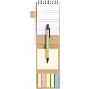 A notepad with a spiral top, a pen, and sticky notes in yellow, blue, pink, and green on a brown base.
