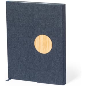 Aquo Notepad with a navy fabric cover and a round bamboo accent. It includes a bookmark ribbon.