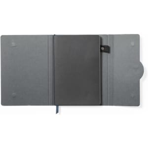 A grey notepad with a black cover, featuring an interior pocket and a bookmark ribbon. It includes a logo.