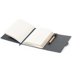 Aquo Notepad featuring a dark grey cover, with lined pages and a wooden pen included.