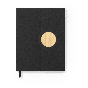 Aquo Notepad in dark grey fabric with a circular bamboo accent, featuring a ribbon bookmark.