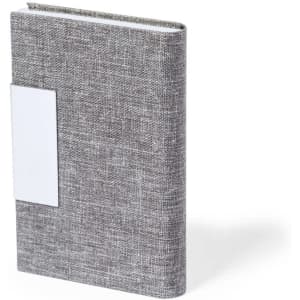 A grey fabric-covered card holder with a white branding area on the front, suitable for business cards.