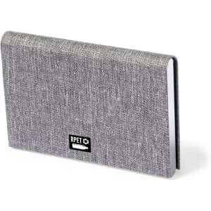 A grey business card holder made from RPET material, featuring a branding logo on the front.