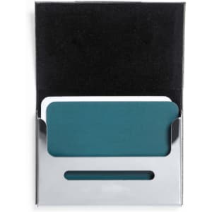 A teal business card holder with a sleek silver finish, partially opened to reveal business cards inside.