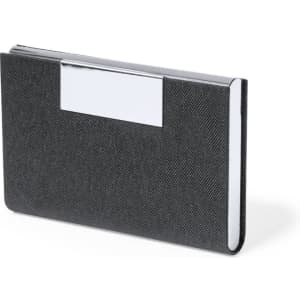 A black business card holder with a silver accent and a textured finish. It features a logo on the front.