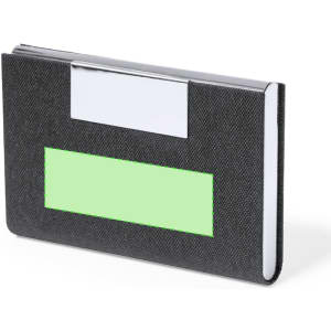 A black business card holder with a shiny logo and a transparent window for card display.